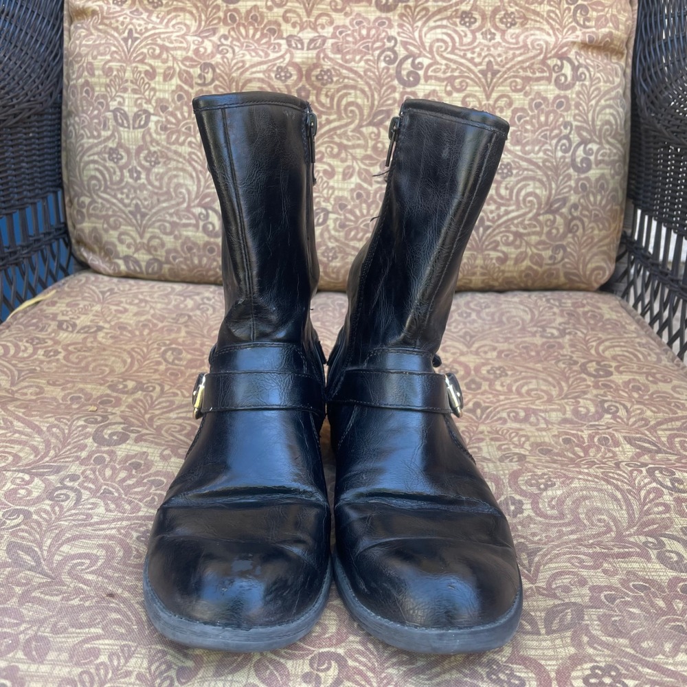 Women Boots Sz 9 Moto Combat Buckle Harness Biker Mid Calf Engineer Black Chunky - Picture 10 of 10